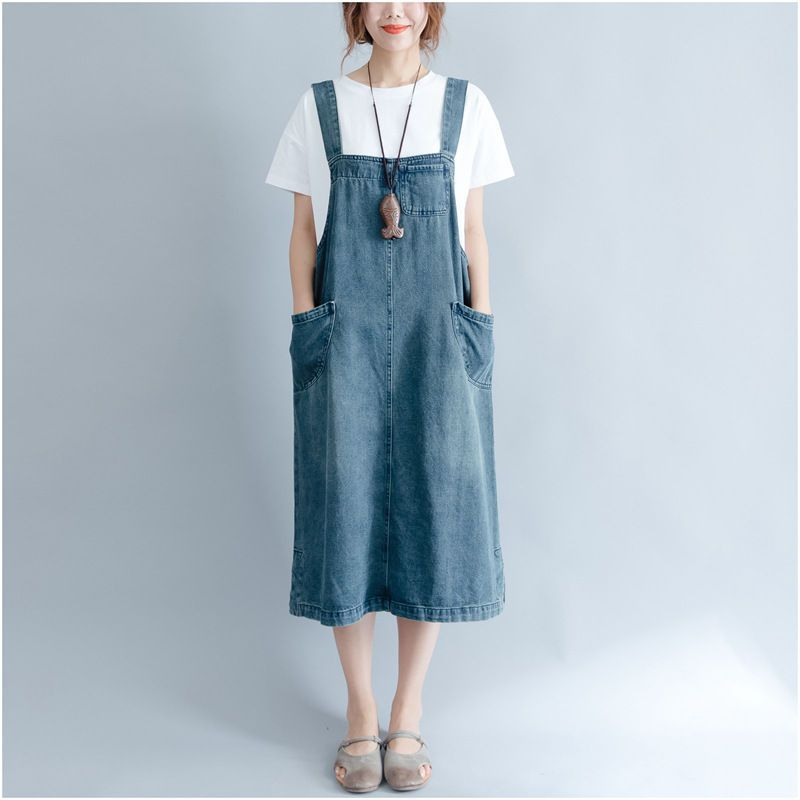 denim dungaree dress midi