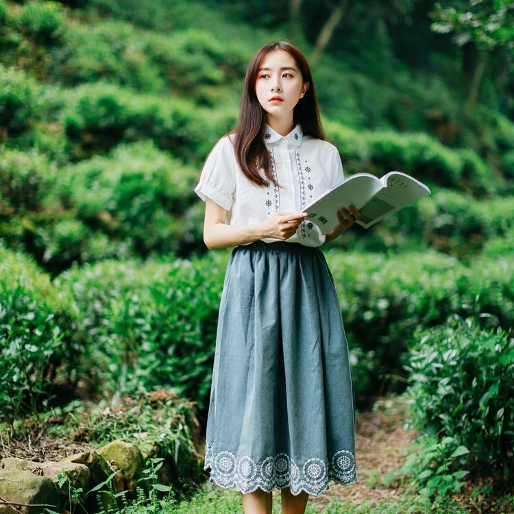 embroidered shirt and skirt
