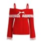 Long Sleeve Cold-Shoulder Lace-Trim Bow Accent Plain Ribbed-Knit Loose-Fit Sweater