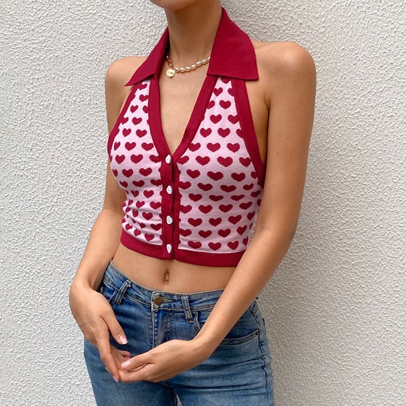 V-Neck Collared Heart-Print Cropped Knit Halter Top