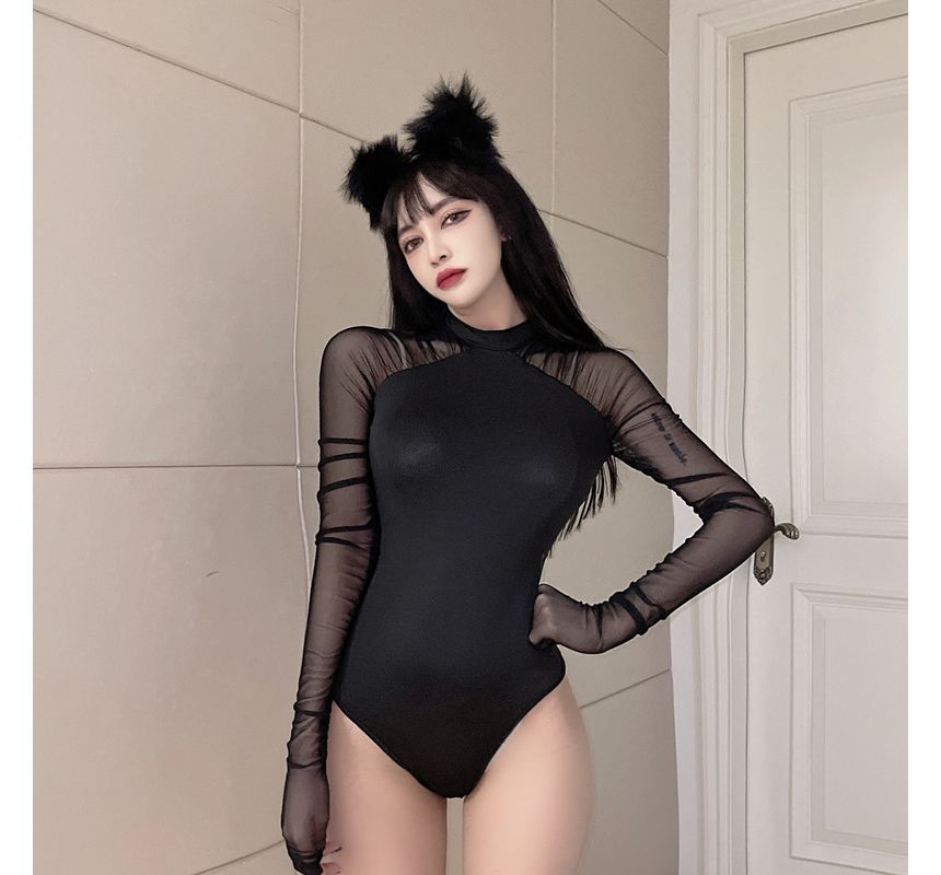 Long-Sleeve High-Neck Cutout Bodysuit Top