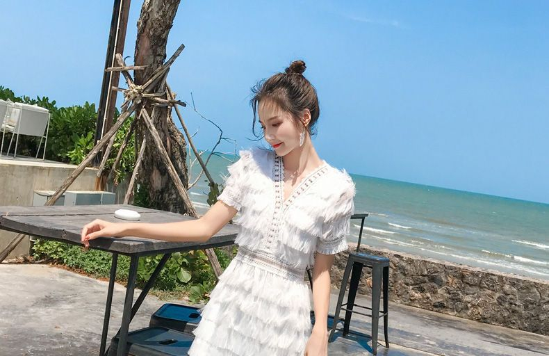 NIAT ShortSleeve Perforated Trim Fringed ALine Midi