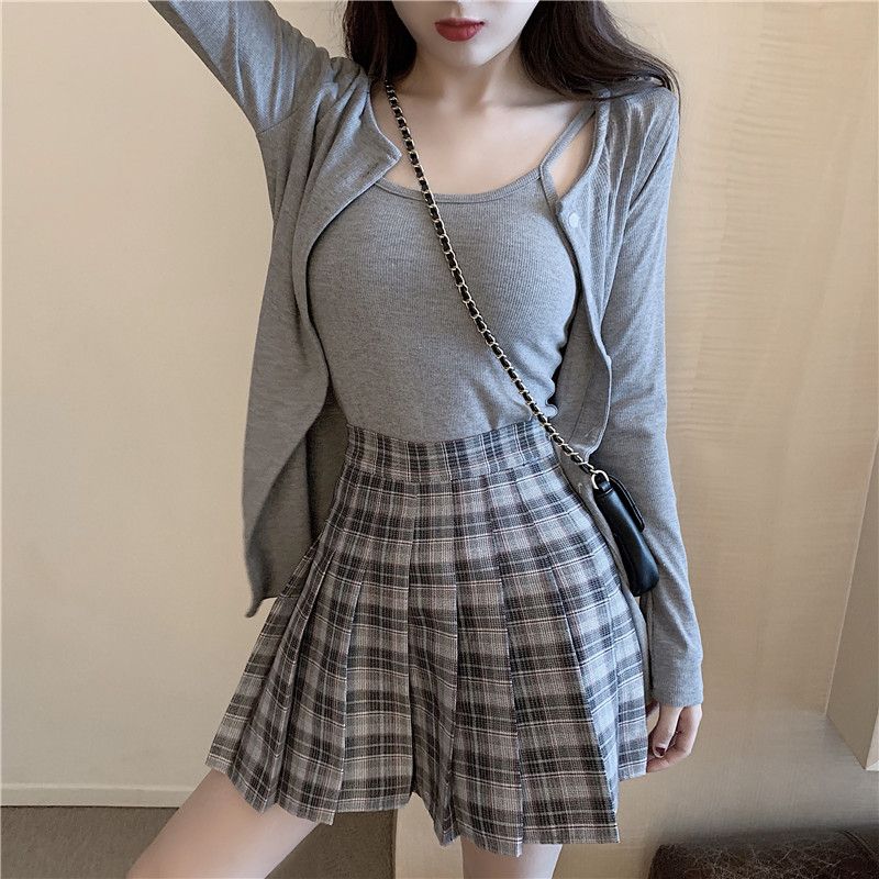 pleated plaid mini skirt jacket