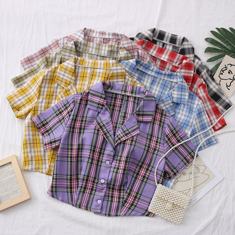 Babique - Short-Sleeve Plaid Crop Shirt 