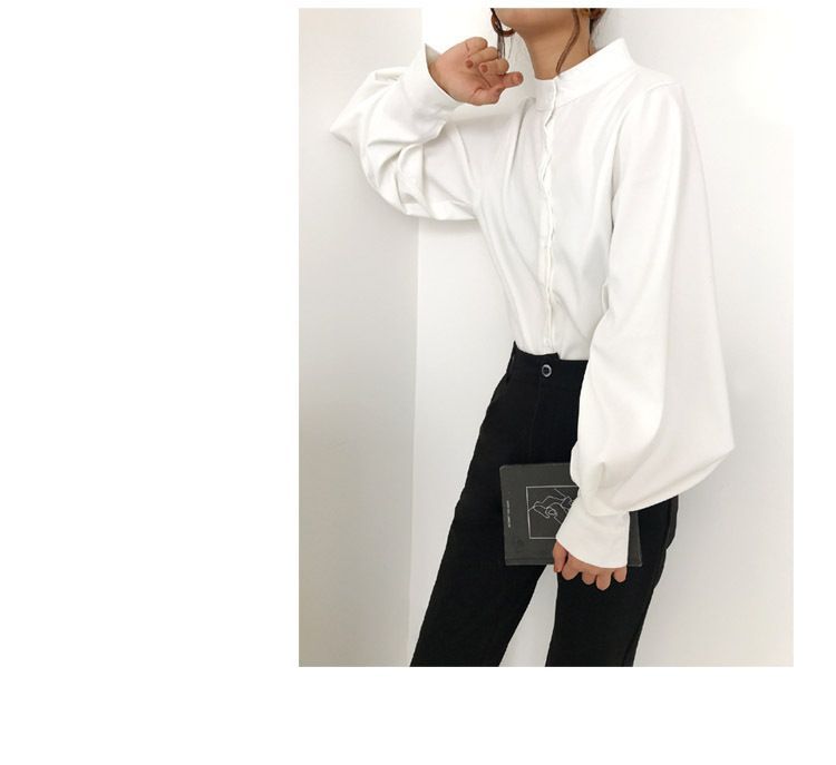 Bishop-Sleeve Stand Collar Blouse 