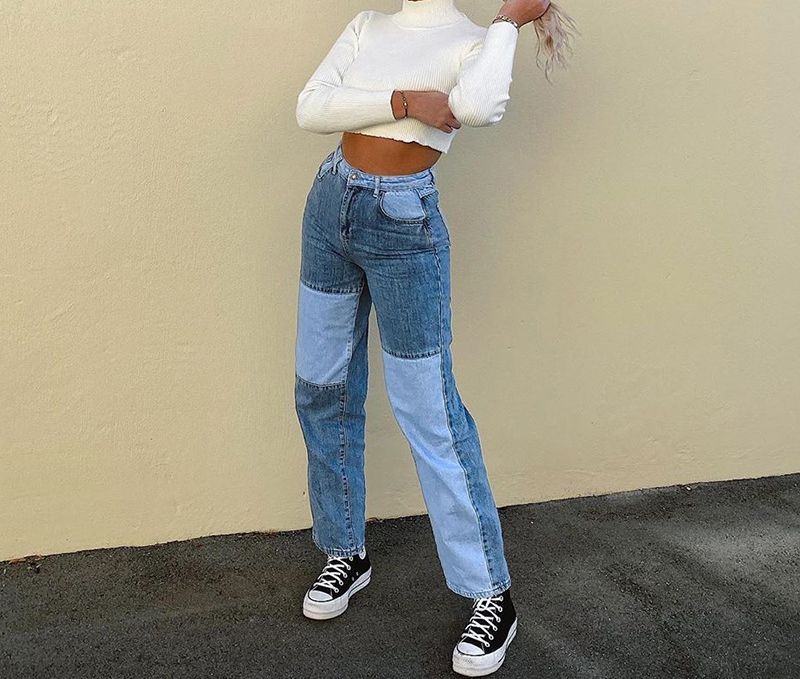 High Waist Patchwork Straight Leg Jeans 