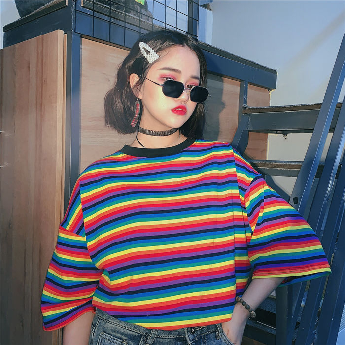 Elbow-Sleeve Rainbow Striped T-Shirt in 