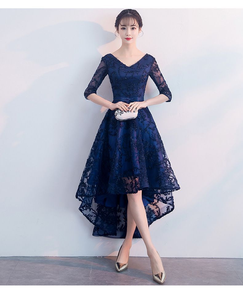 3/4-Sleeve Lace High-Low Prom Dress 