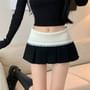 Low Waist Color-Block Paneled Lace-Trim Mini Pleated Skirt