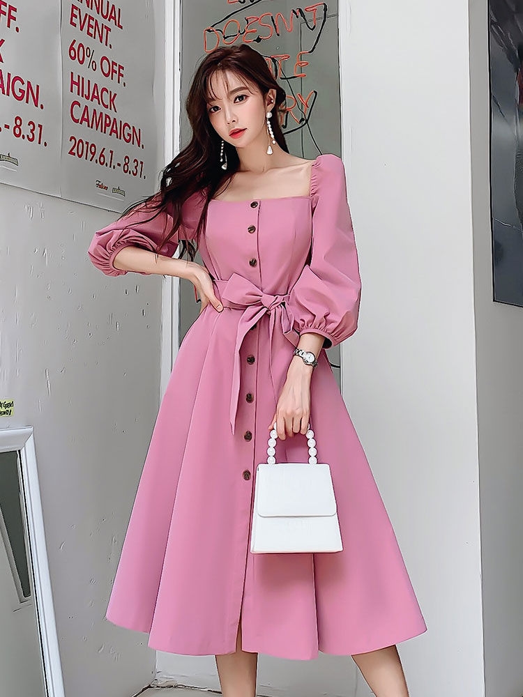 Square Neck Puff-Sleeve Midi Dress 