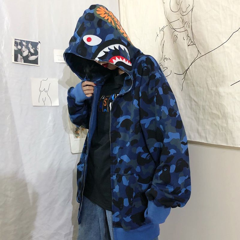 Shark Print Hooded Zip Jacket