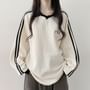 Long Sleeve Contrast-Trim Embroidered Waffle Pattern Loose-Fit Pullover