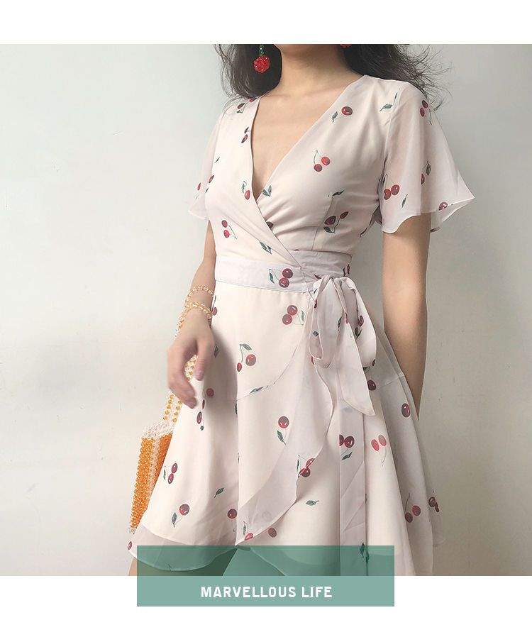 Sinora - Short-Sleeve V Neck Cherry Print Mini Wrap Dress | YesStyle