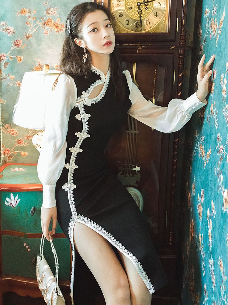 millenia - 双色长袖侧开衩中旗袍