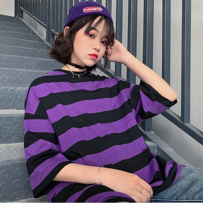 Striped Elbow-Sleeve Oversized T-Shirt 