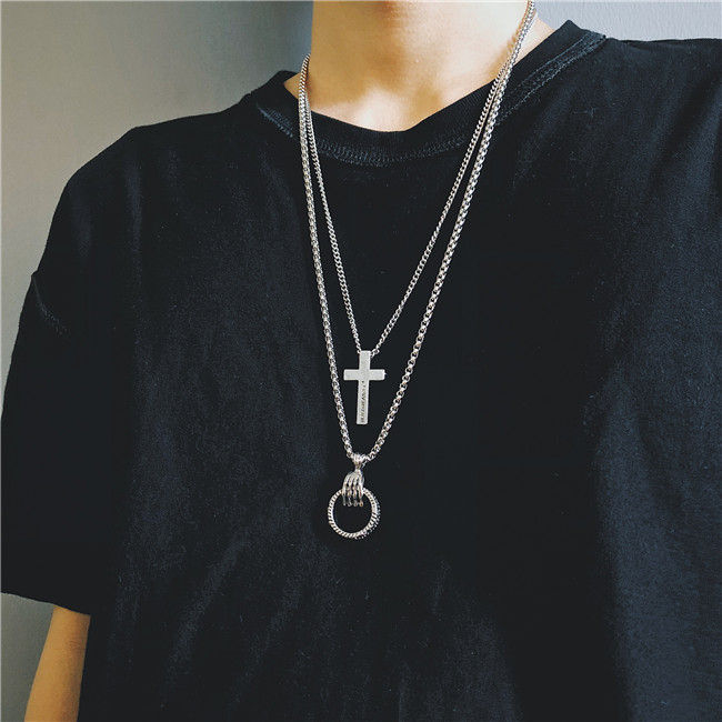 Cheap Fashion Mens Stainless Steel Cross Ring Chain Pendant Necklace RS 