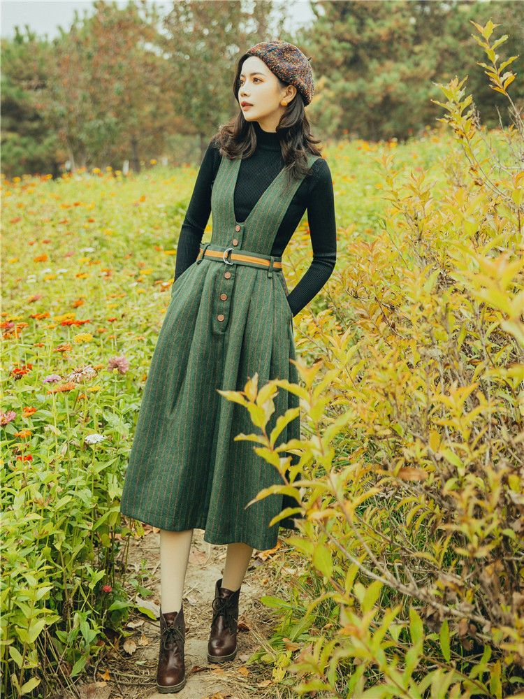 Set: Mock Neck Knit Top + V Neck Striped Belted Pinafore Dress Set: Mock Neck Knit Top + V Neck Striped Belted Pinafore Dress