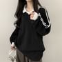 Long Sleeve Contrast-Trim Embroidered Waffle Pattern Loose-Fit Pullover