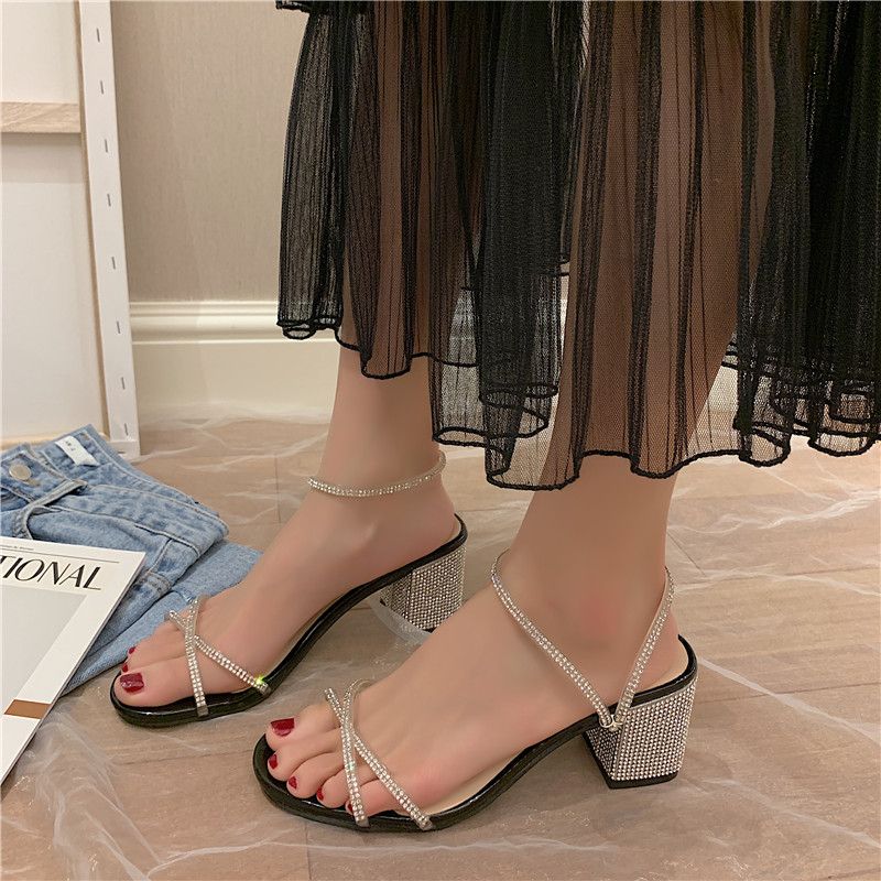 rhinestone block heel sandals