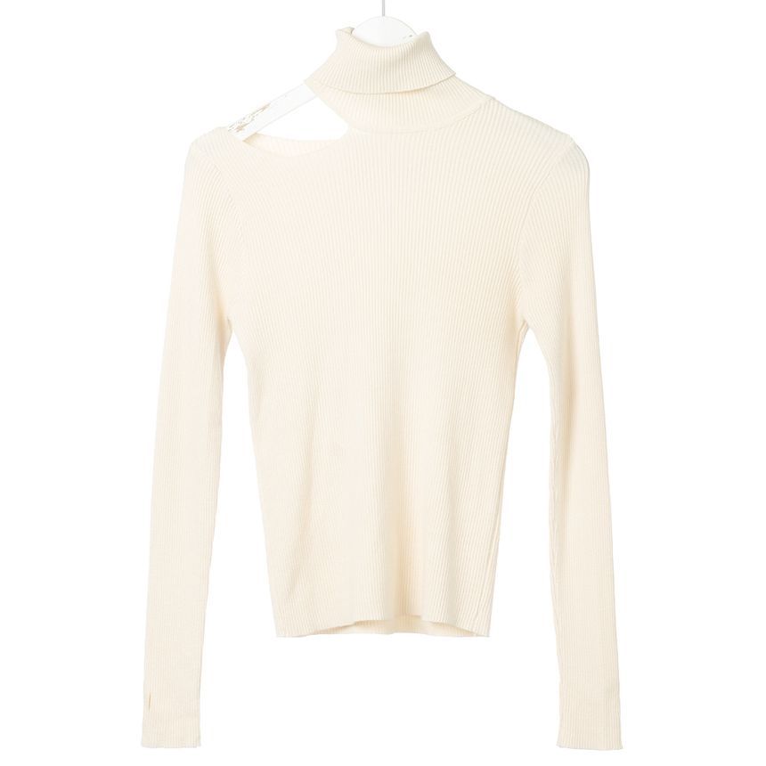 Off-Shoulder Turtleneck Plain Knit Top