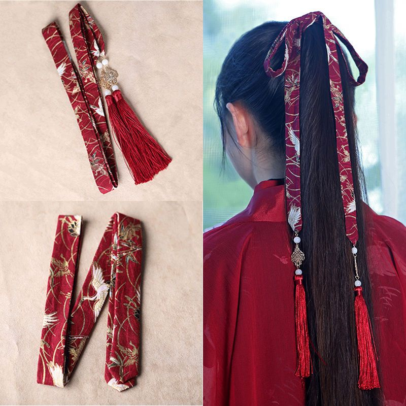 Tiffitta Crane Print Tassel Hair Tie YesStyle