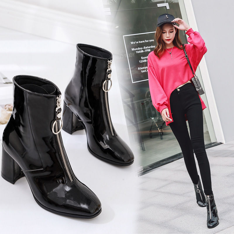 Chunky Heel Front Zip Square-Toe Short Boots