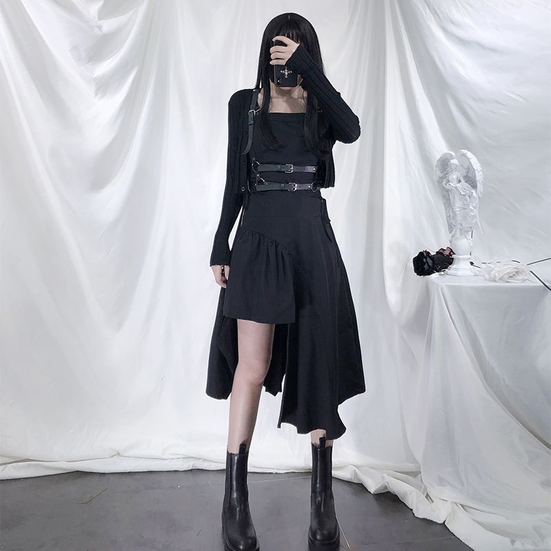 Fantoma - Asymmetrical Hem Spaghetti Strap Midi A-Line Dress / Body Harness  Belt | YesStyle