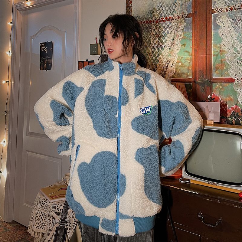 cow print zip up jacket