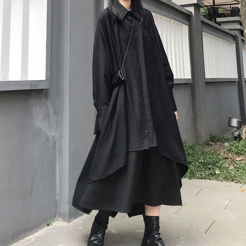 LINSI Long-Sleeve Asymmetric Long Shirt / A-Line Midi Skirt | YesStyle