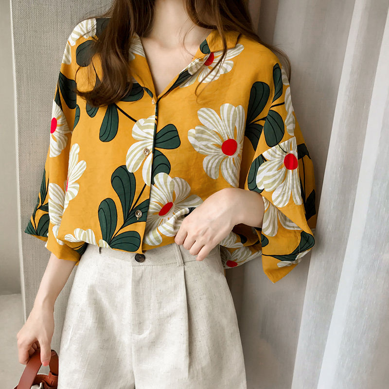3/4 Sleeve Floral Print Hawaiian Shirt 