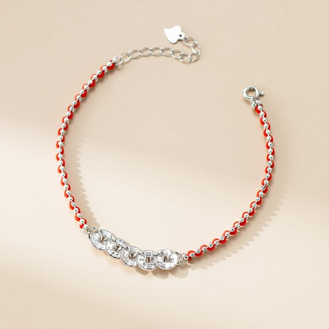 A-ROCH-925 Sterling Silver Coin Rhinestone Red String Bracelet