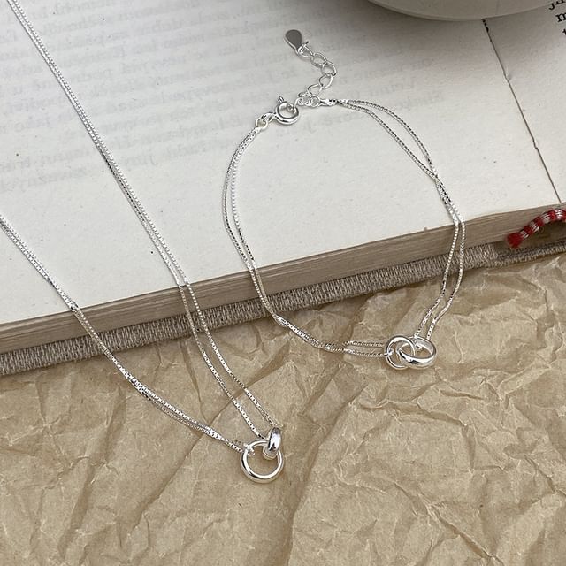 A-ROCH-925 Sterling Silver Interlocking Hoop Pendant Layered Chain Necklace Bracelet