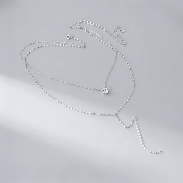 A-ROCH-925 Sterling Silver Rhinestone Layered Lariat Necklace
