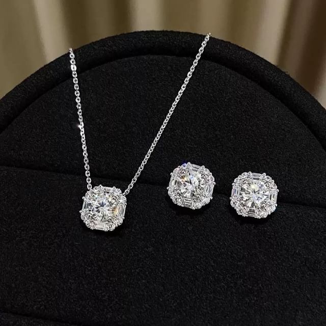 A-ROCH-925 Sterling Silver Rhinestone Pendant Necklace Stud Earring