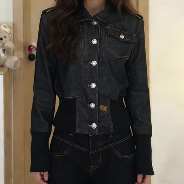 Acoustic Rain-Collared Button-Up Denim Crop Jacket