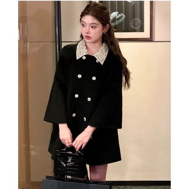 Acoustic Rain-Collared Embellished Double-Breasted Coat