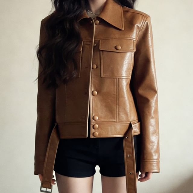 Acoustic Rain-Collared Faux Leather Plain Button Up Jacket