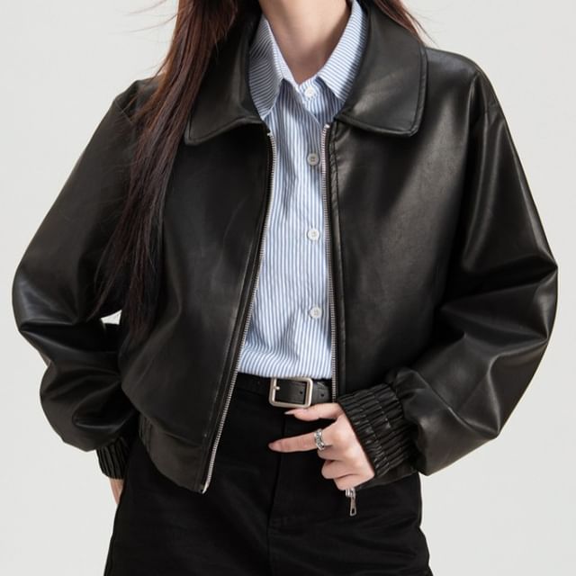 Acoustic Rain-Collared Faux Leather Zip-Up Crop Jacket