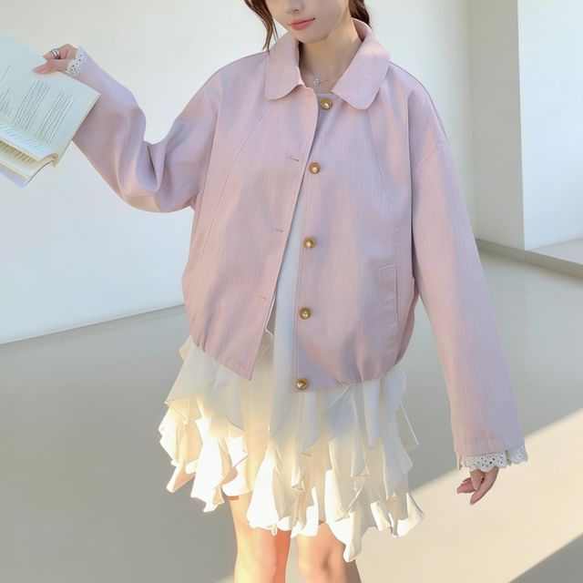 Acoustic Rain-Collared Plain Button Up Jacket
