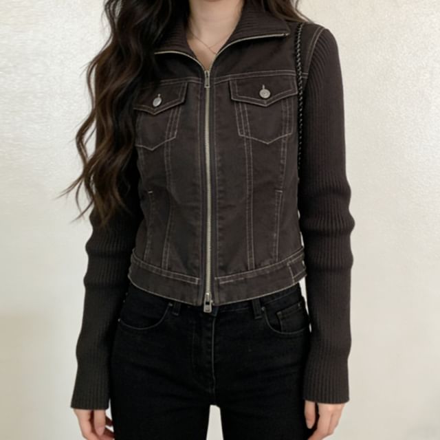 Acoustic Rain-Collared Plain Knit Panel Zip Jacket