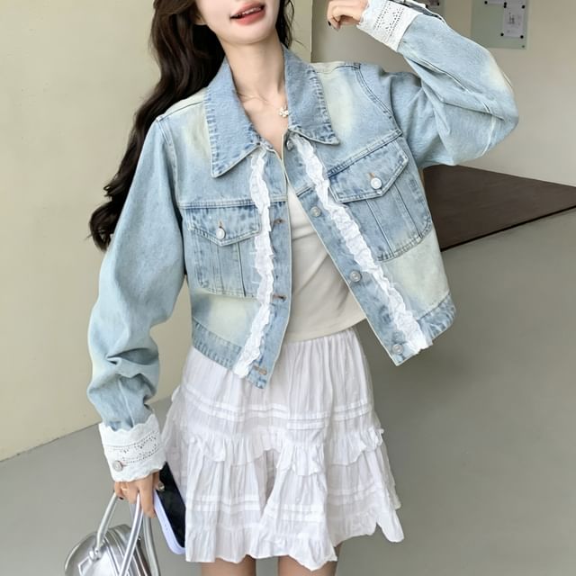 Acoustic Rain-Collared Washed Denim Lace Trim Crop Button Up Jacket