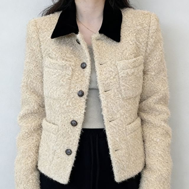 Acoustic Rain-Contrast Collar Button-Up Fleece Crop Jacket