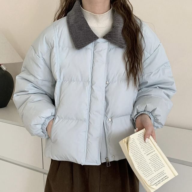 Acoustic Rain-Contrast Collar Zip Puffer Jacket