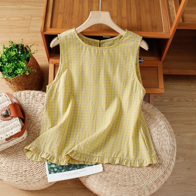Acoustic Rain-Crew Neck Gingham Frill Trim Tank Top