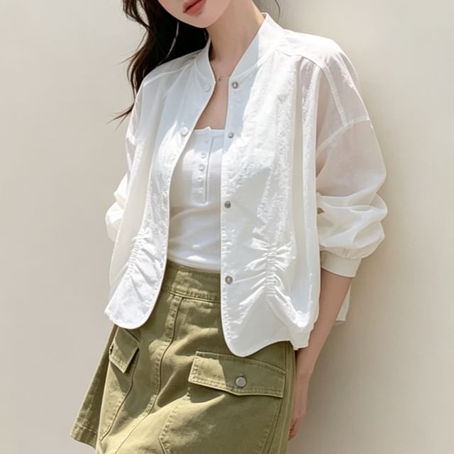 Acoustic Rain-Drop Shoulder Plain Ruched Button Up Jacket