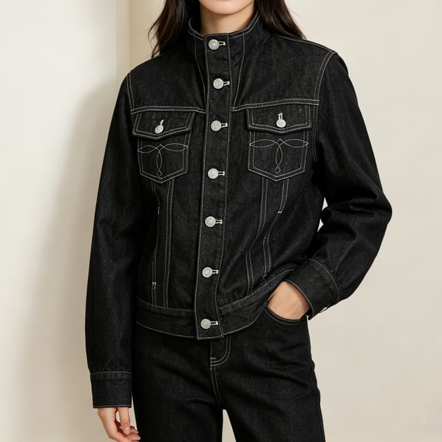 Acoustic Rain-High Neck Button-Up Denim Jacket