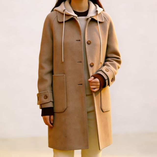 Acoustic Rain-Hooded Button-Up Coat