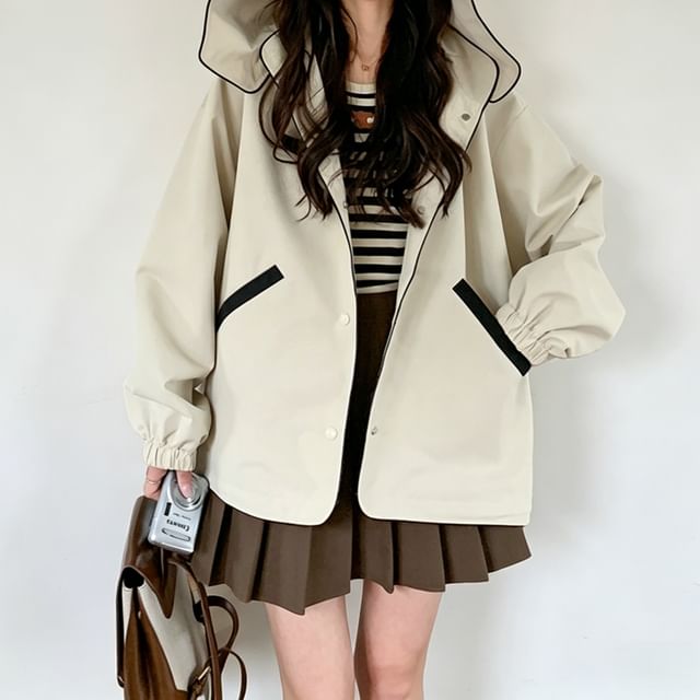 Acoustic Rain-Hooded Contrast Trim Button Up Jacket