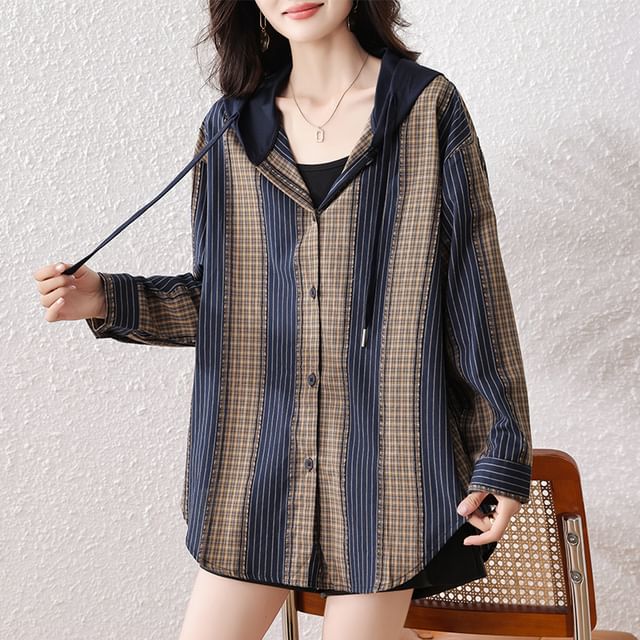 Acoustic Rain-Hooded Plaid Shirt Jacket
