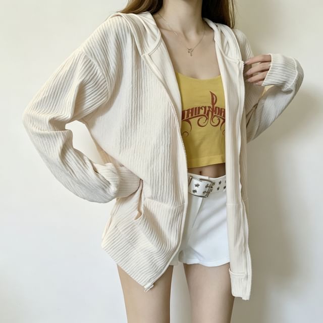 Acoustic Rain-Hooded Ribbed Zip-Up Plain Cardigan